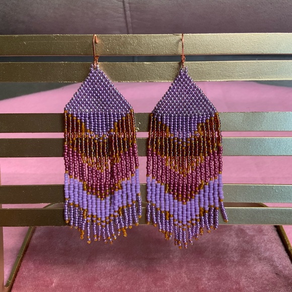 miyuki Jewelry - Handmade large fringe boho bohemian tribal earrings miyuki seed beads round